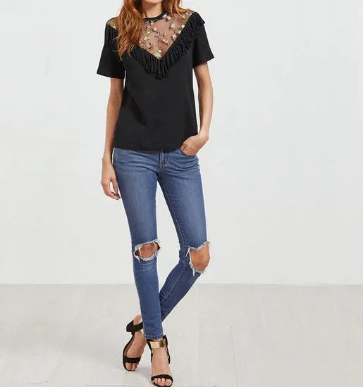Edge Trim Black Embroidered Sexy Mesh Top T-Shirt