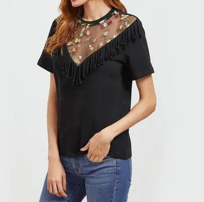 Edge Trim Black Embroidered Sexy Mesh Top T-Shirt