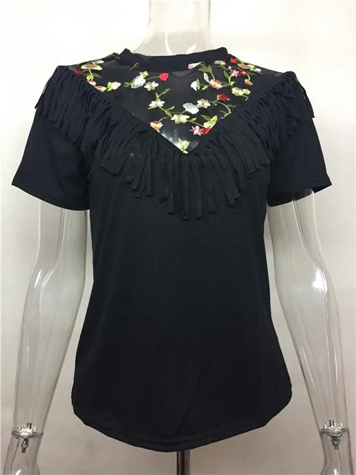 Edge Trim Black Embroidered Sexy Mesh Top T-Shirt