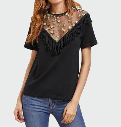Edge Trim Black Embroidered Sexy Mesh Top T-Shirt