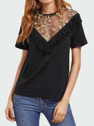 Edge Trim Black Embroidered Sexy Mesh Top T-Shirt
