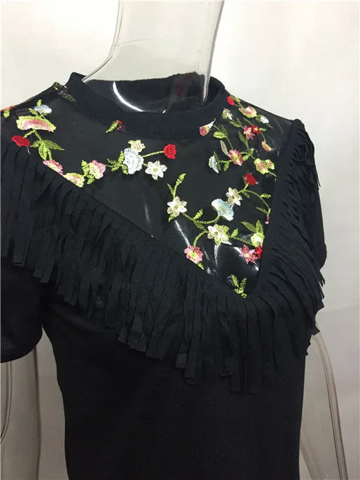 Edge Trim Black Embroidered Sexy Mesh Top T-Shirt