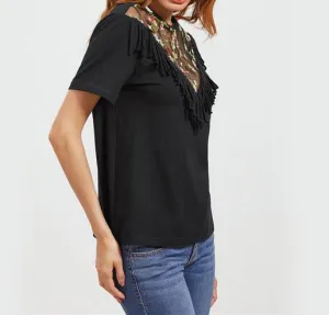 Edge Trim Black Embroidered Sexy Mesh Top T-Shirt