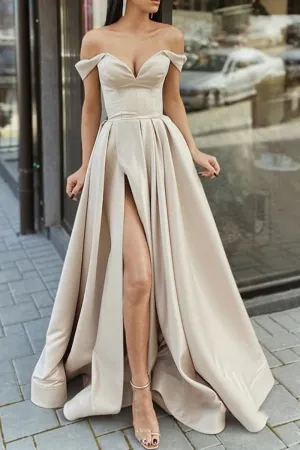 Elegant Off Shoulder Champagne Satin Long Prom Dress, High Slit Champagne Formal Graduation Evening Dress