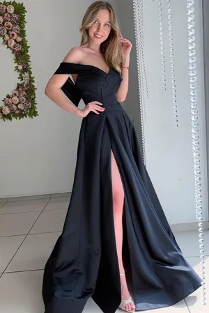 Elegant Off Shoulder Long Black Prom Dress with High Slit, Off the Shoulder Black Formal Dress, Black Evening Dress