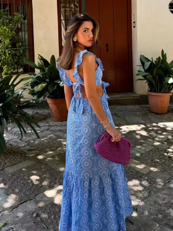 Embroidered Maxi Dress with Ruffled Shoulders and Cut-Out Waist