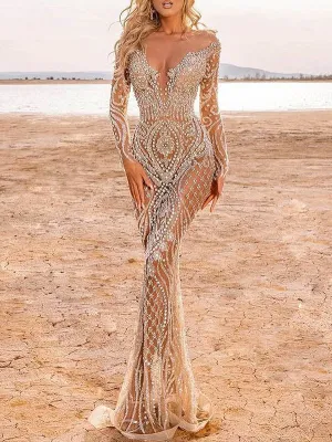 Embroidered Sequined Long Sleeves Off-the-shoulder Maxi Dresses