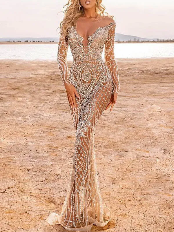 Embroidered Sequined Long Sleeves Off-the-shoulder Maxi Dresses