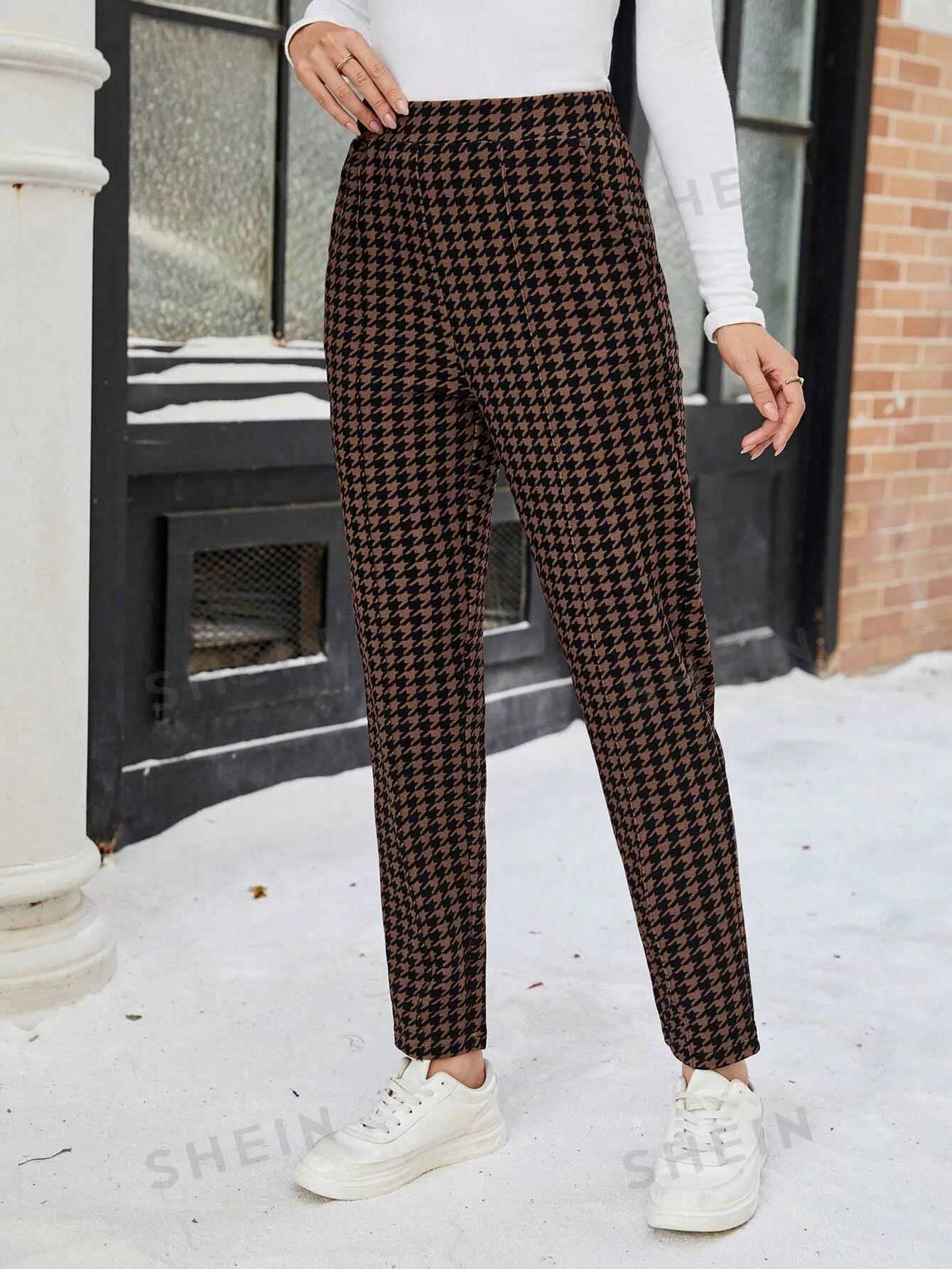 EMERY ROSE Women Plaid Pocket Casual Trousers, Everyday Wear