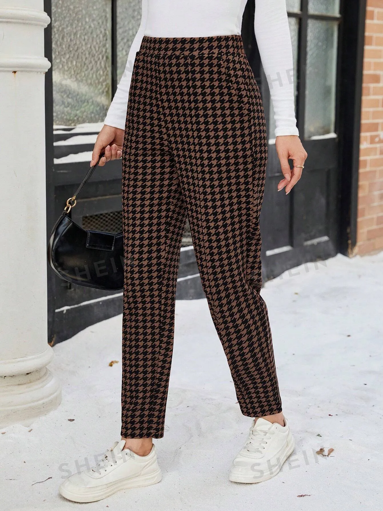 EMERY ROSE Women Plaid Pocket Casual Trousers, Everyday Wear