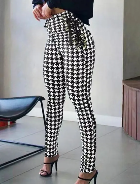 European And American Houndstooth Waist Side Eyelet Tights