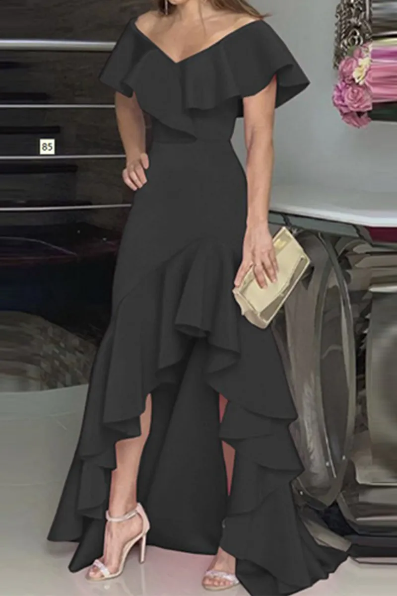 Fashion Solid Flounce V Neck Cake Skirt Dresses
