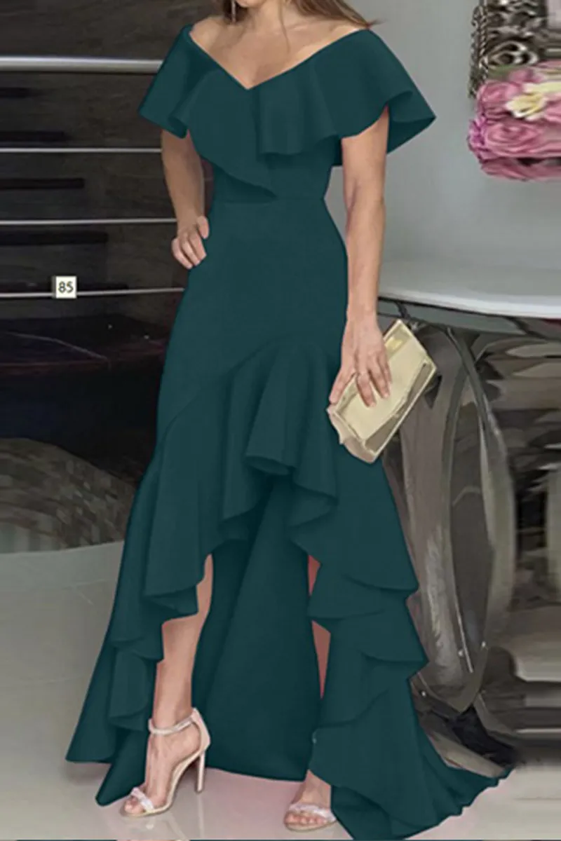 Fashion Solid Flounce V Neck Cake Skirt Dresses