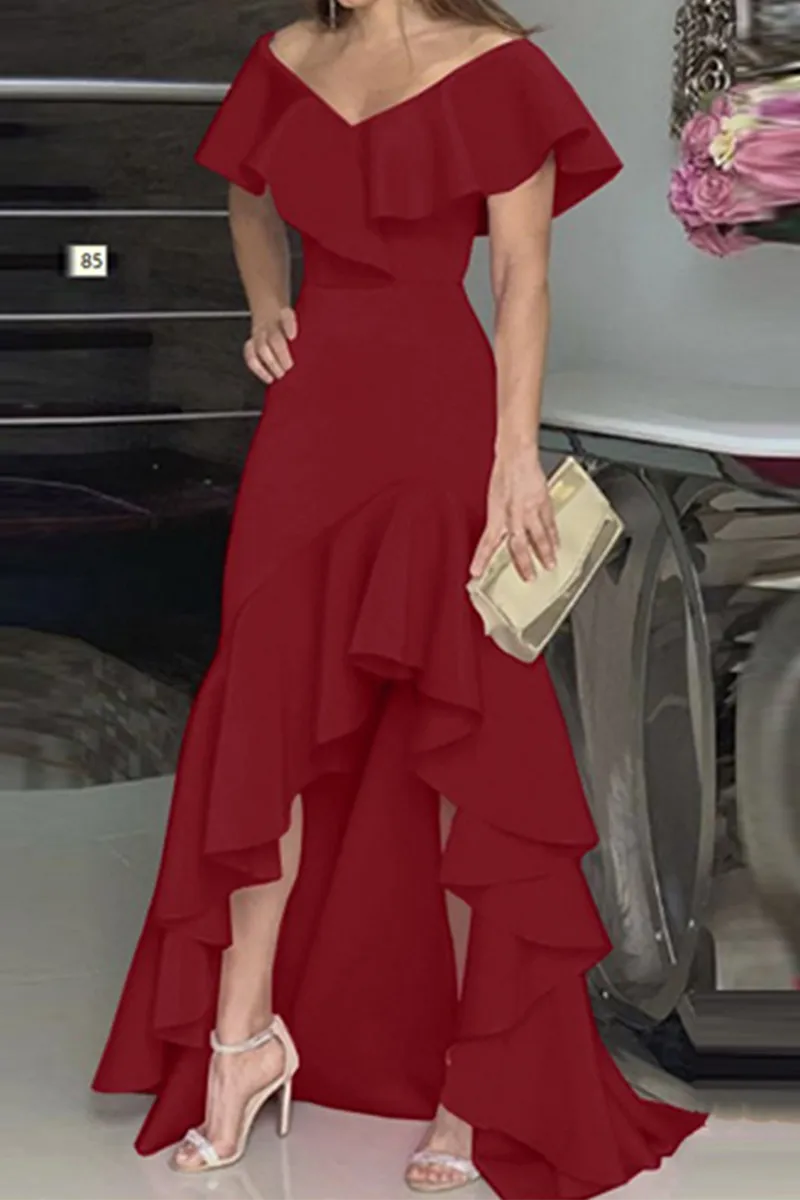 Fashion Solid Flounce V Neck Cake Skirt Dresses