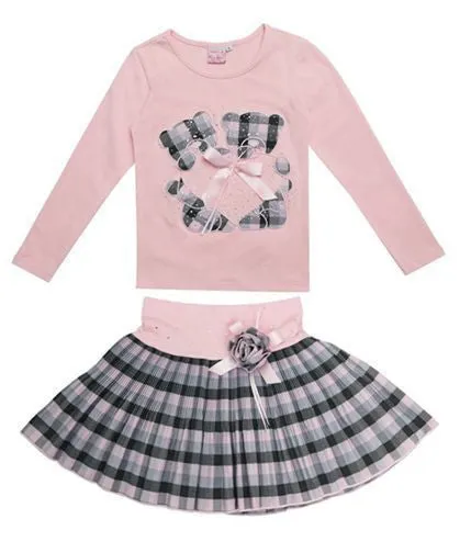 Fashion winter Boutique Outfits Sets For 2 Pcs Kids Girl Long Sleeve Cotton Shirts Tops   Plaid Tutu Skirts With Bow Sets