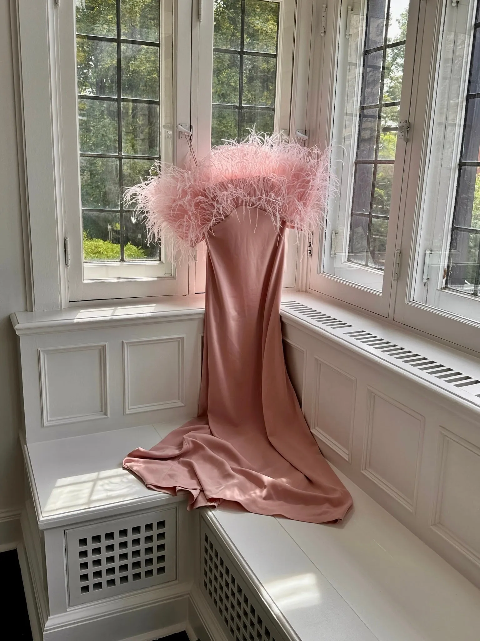 Feather Trim Off-The-Shoulder Gown
