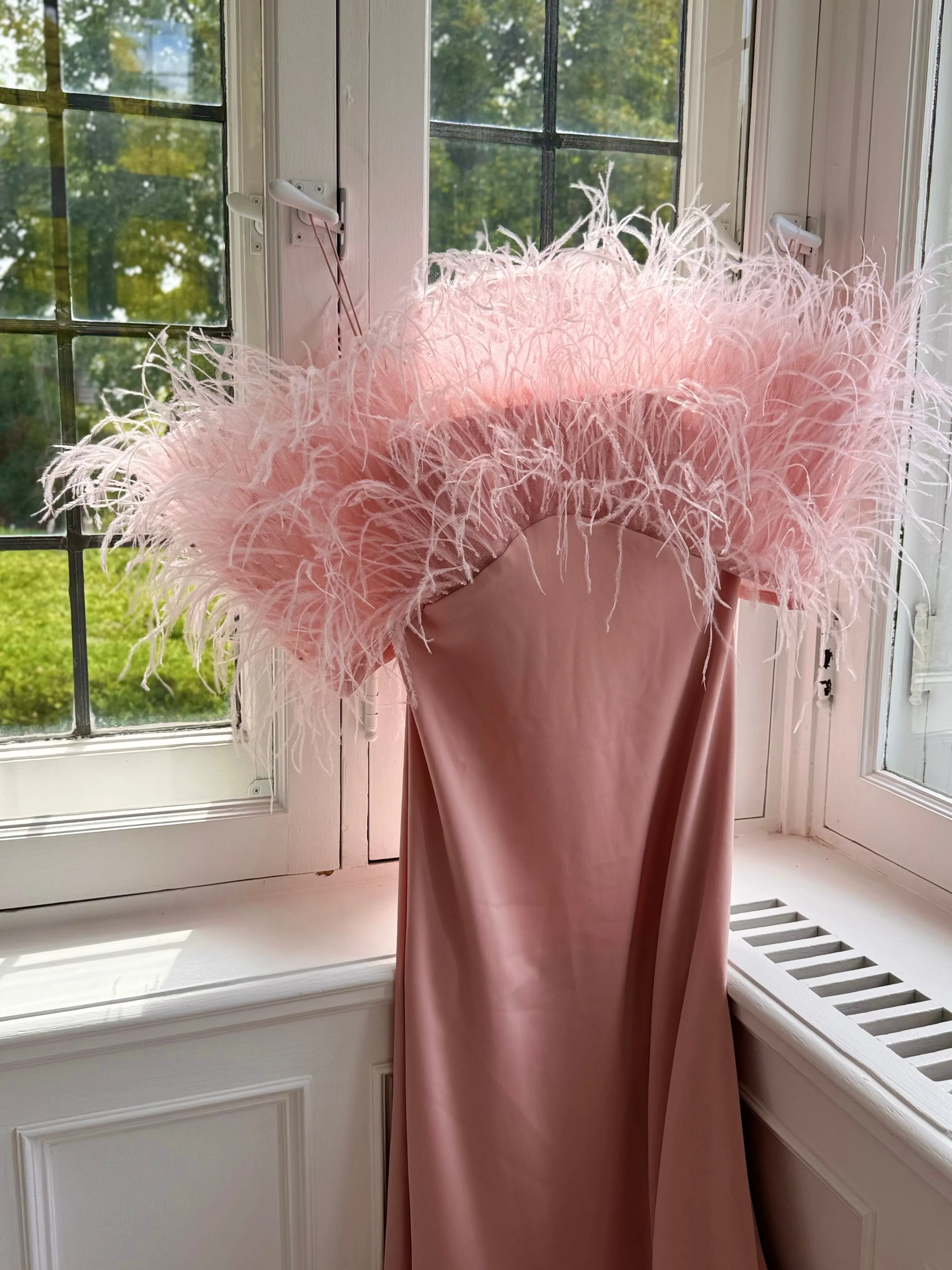 Feather Trim Off-The-Shoulder Gown