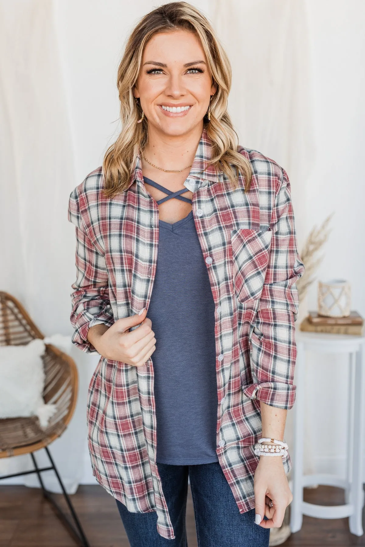 Flawless Beauty Plaid Top- Red & Navy