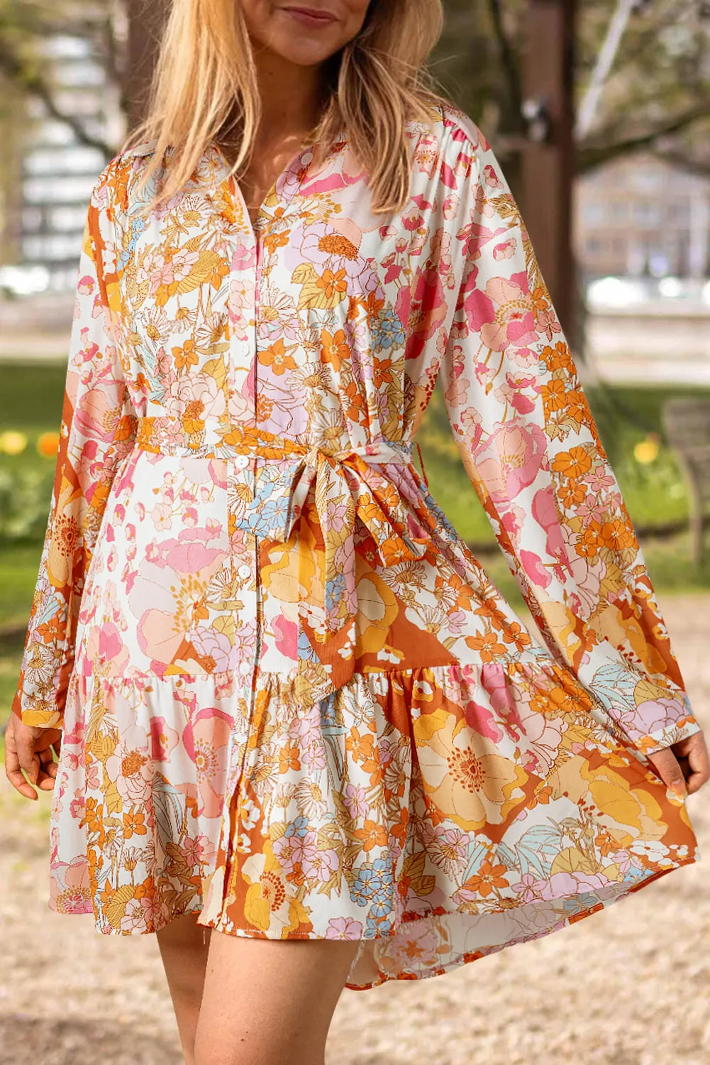 Floral Mini Dress with Button-Down Front and Ruffled Hem