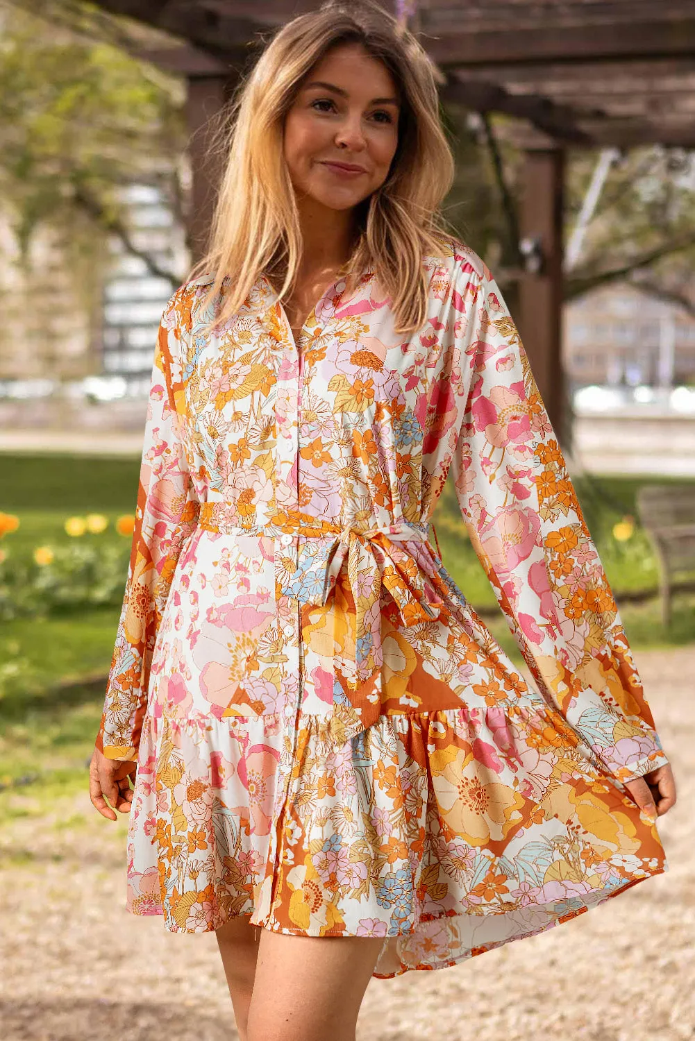 Floral Mini Dress with Button-Down Front and Ruffled Hem