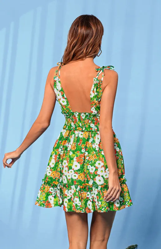 Floral Mini Dress with Deep V-Neck and Ruffled Hem