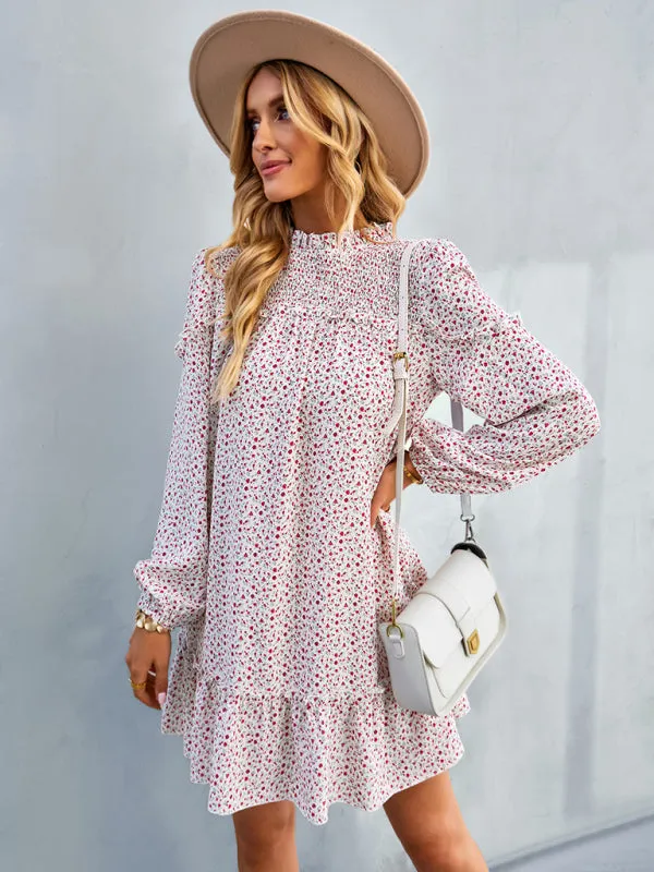Floral Mini Dress with Smocked Neckline and Ruffled Hem