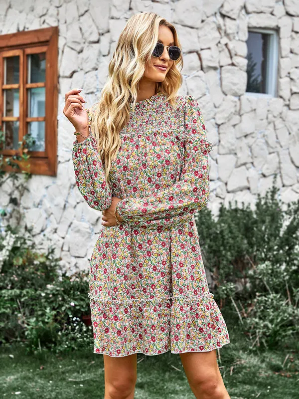 Floral Mini Dress with Smocked Neckline and Ruffled Hem