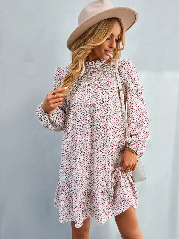 Floral Mini Dress with Smocked Neckline and Ruffled Hem