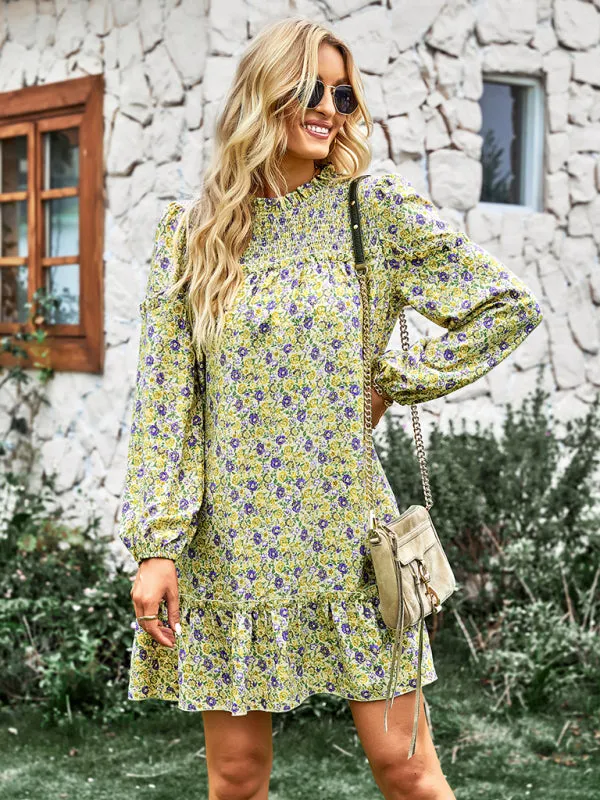 Floral Mini Dress with Smocked Neckline and Ruffled Hem