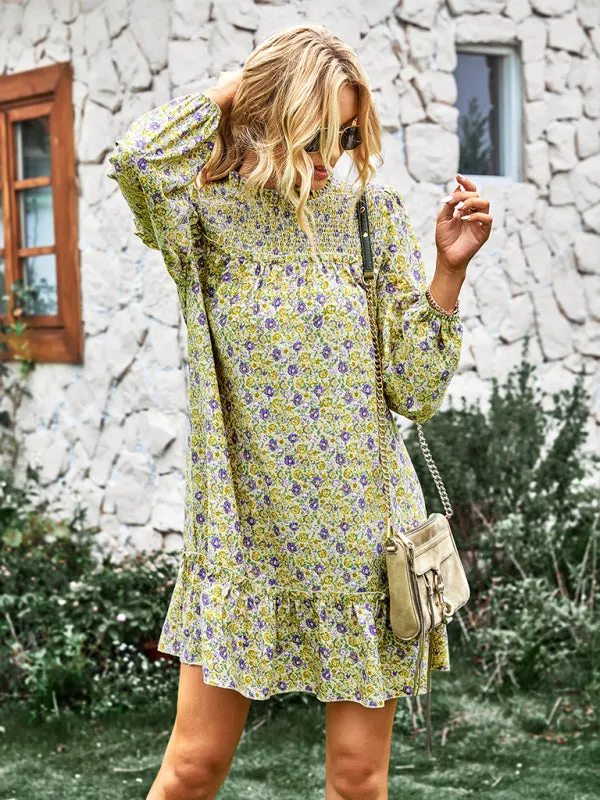 Floral Mini Dress with Smocked Neckline and Ruffled Hem