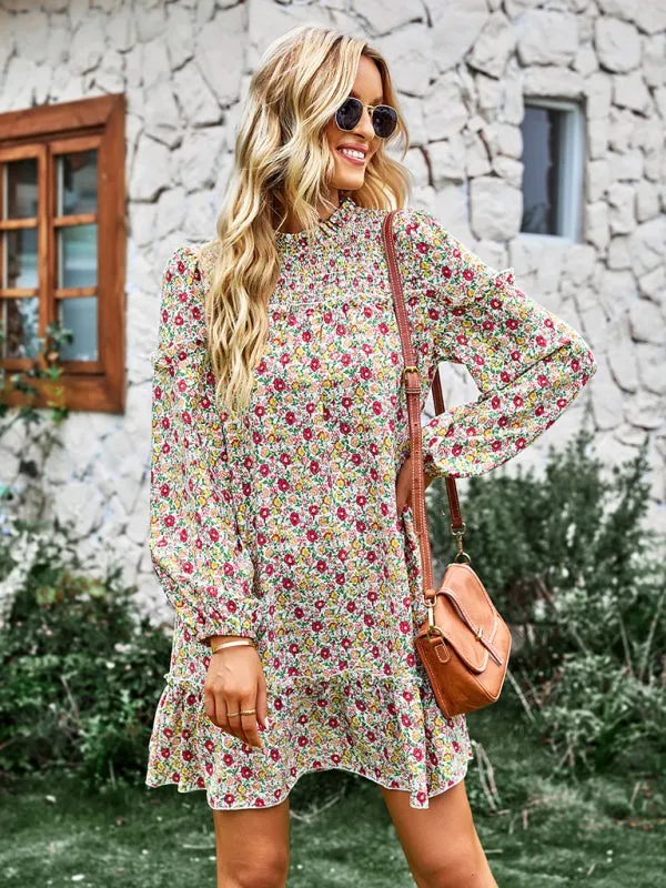 Floral Mini Dress with Smocked Neckline and Ruffled Hem