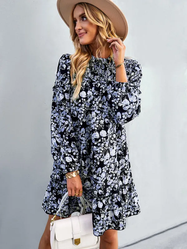 Floral Mini Dress with Smocked Neckline and Ruffled Hem