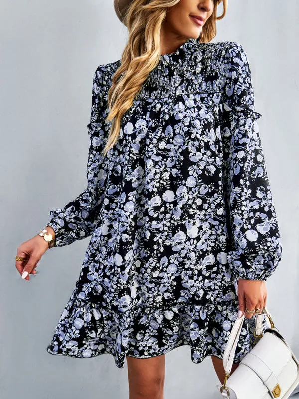 Floral Mini Dress with Smocked Neckline and Ruffled Hem