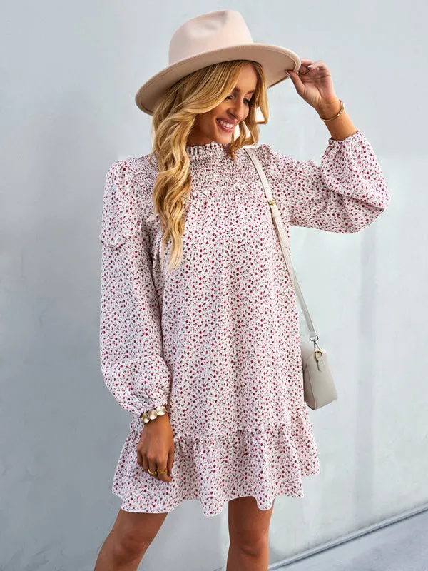 Floral Mini Dress with Smocked Neckline and Ruffled Hem