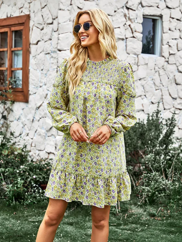 Floral Mini Dress with Smocked Neckline and Ruffled Hem