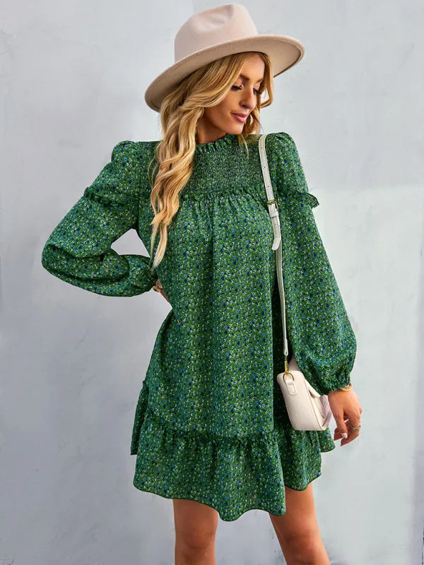 Floral Mini Dress with Smocked Neckline and Ruffled Hem