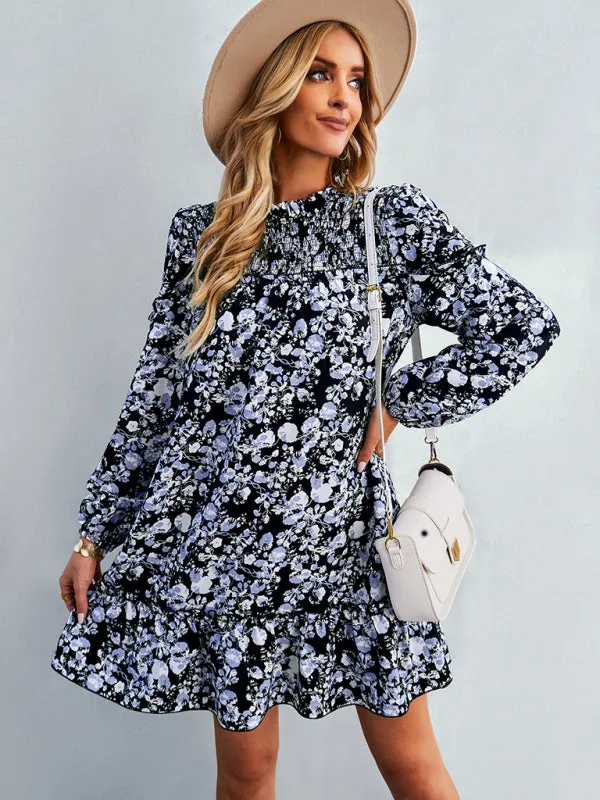 Floral Mini Dress with Smocked Neckline and Ruffled Hem