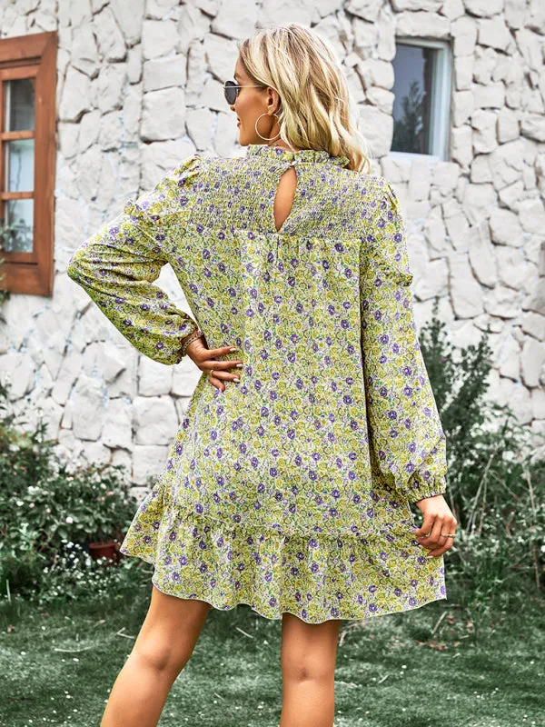 Floral Mini Dress with Smocked Neckline and Ruffled Hem