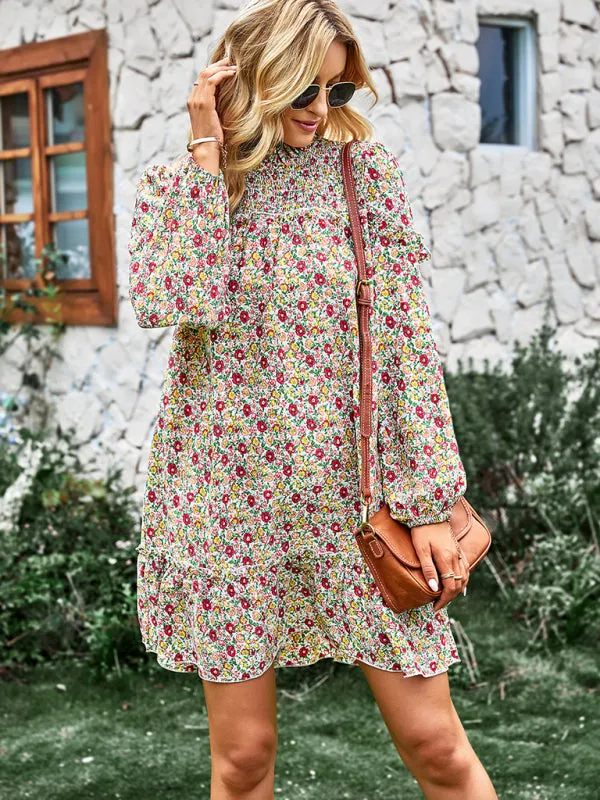 Floral Mini Dress with Smocked Neckline and Ruffled Hem