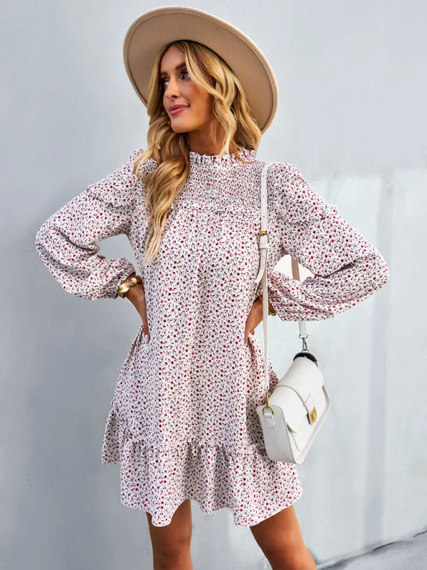 Floral Mini Dress with Smocked Neckline and Ruffled Hem