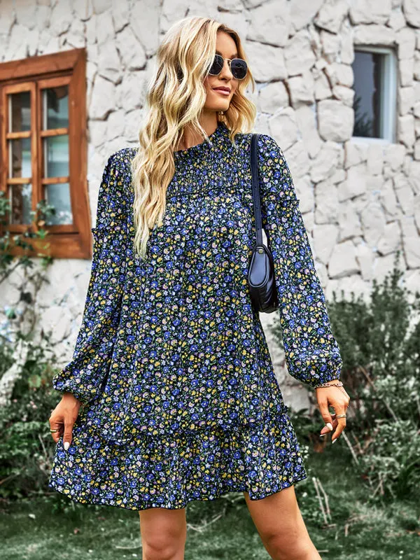 Floral Mini Dress with Smocked Neckline and Ruffled Hem