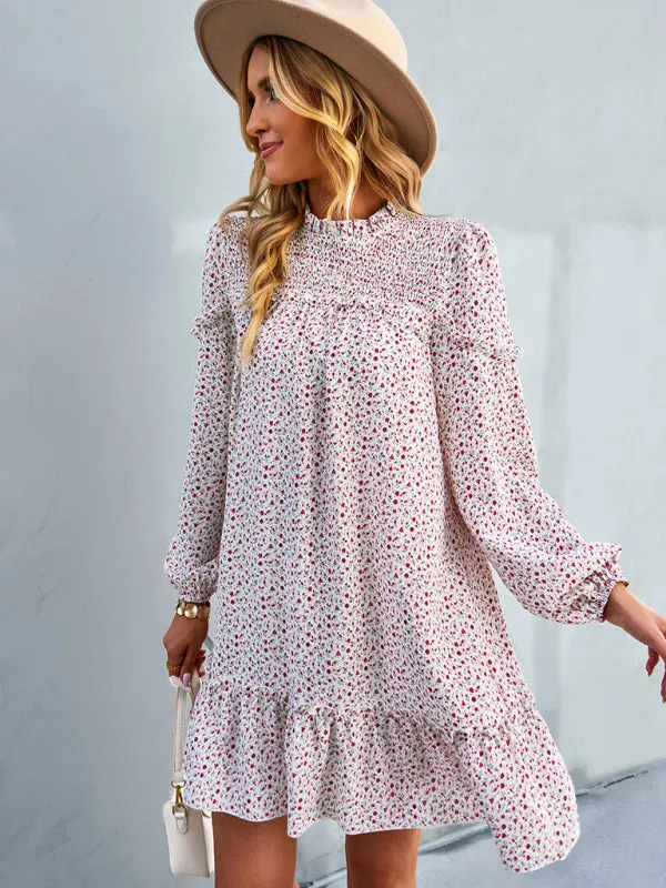 Floral Mini Dress with Smocked Neckline and Ruffled Hem