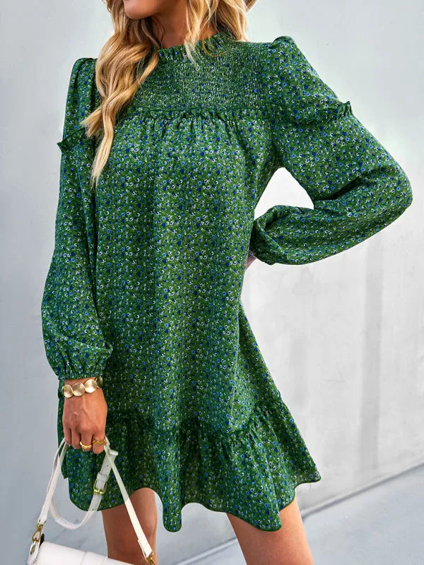 Floral Mini Dress with Smocked Neckline and Ruffled Hem