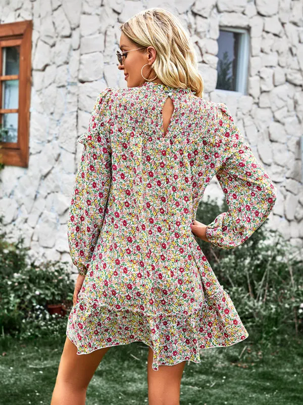 Floral Mini Dress with Smocked Neckline and Ruffled Hem