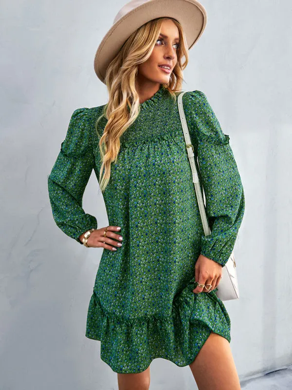 Floral Mini Dress with Smocked Neckline and Ruffled Hem