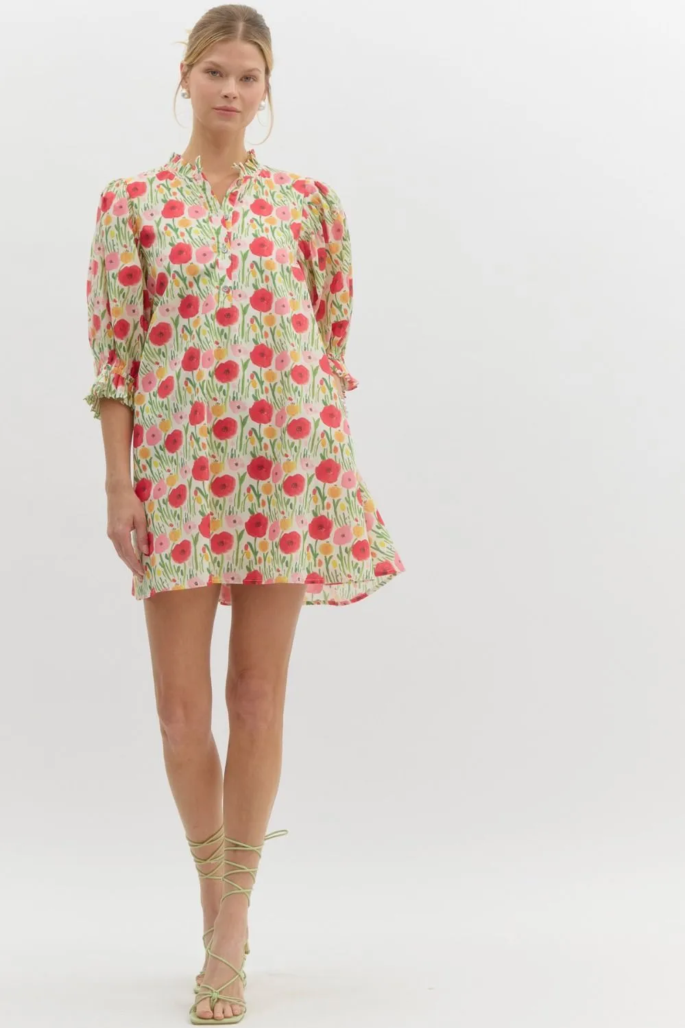 Floral Print Elasticated ¾ Sleeve Pullover Mini Swing Dress