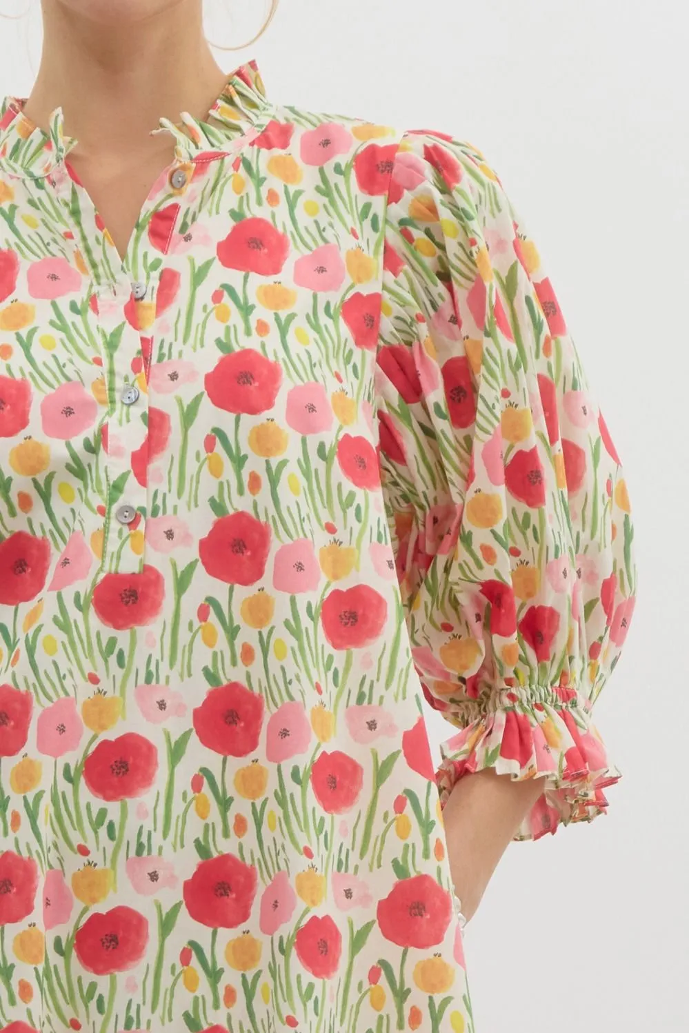 Floral Print Elasticated ¾ Sleeve Pullover Mini Swing Dress