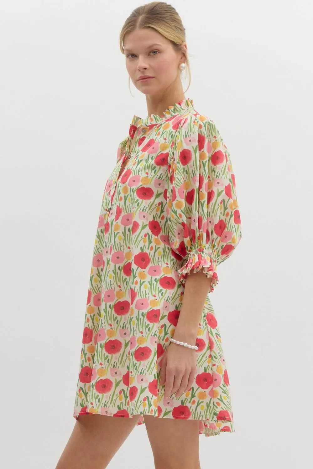 Floral Print Elasticated ¾ Sleeve Pullover Mini Swing Dress