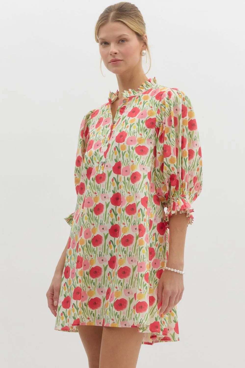 Floral Print Elasticated ¾ Sleeve Pullover Mini Swing Dress