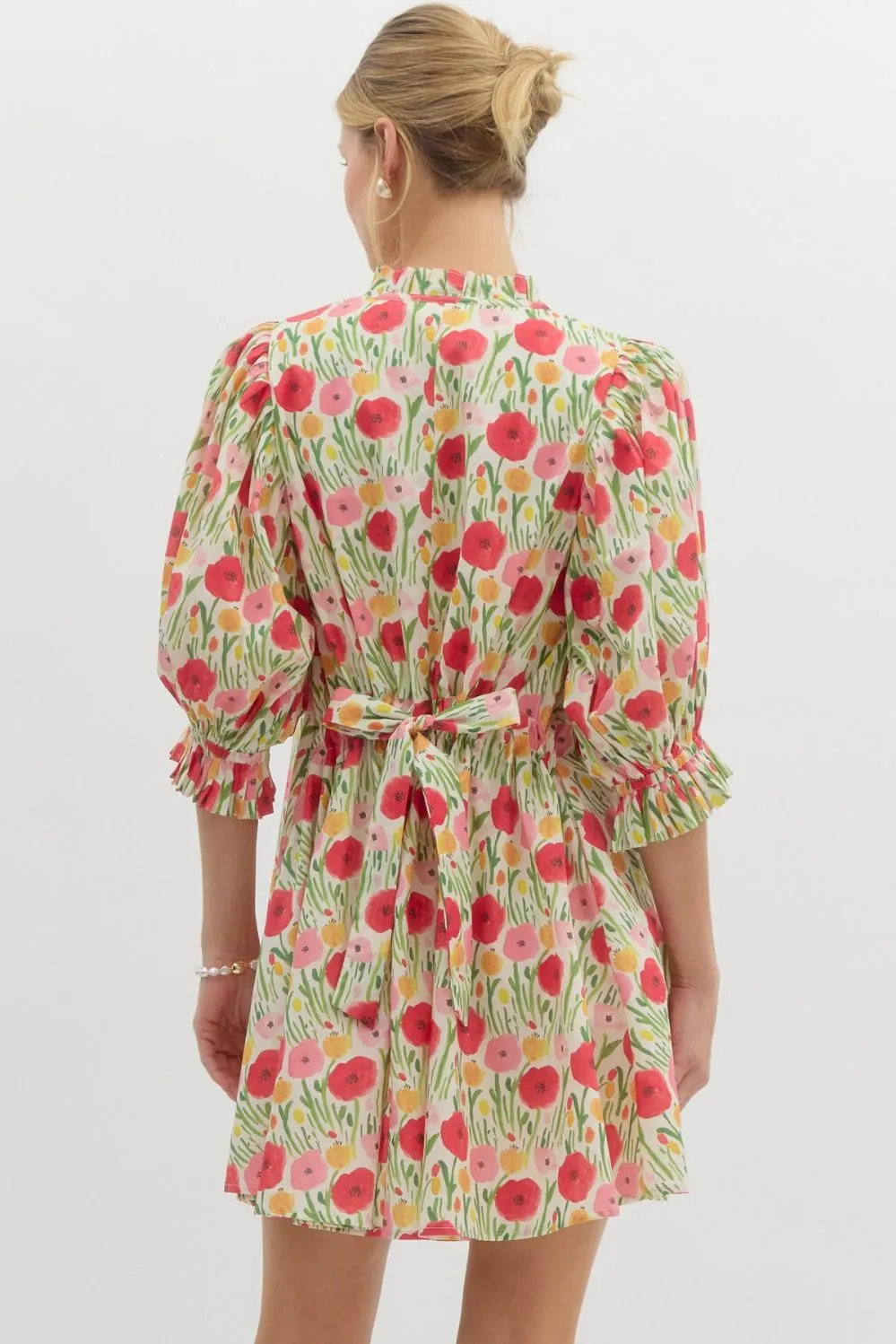Floral Print Elasticated ¾ Sleeve Pullover Mini Swing Dress